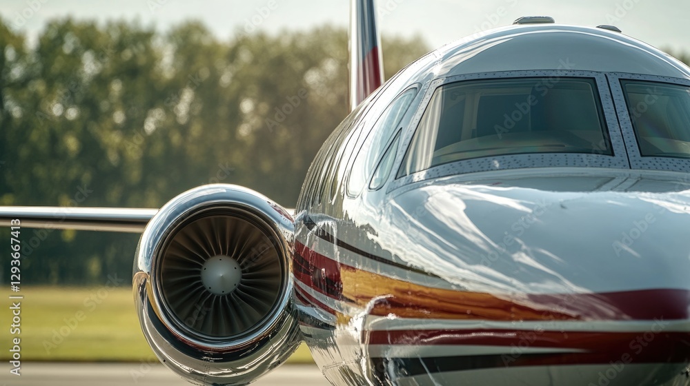 Poster close-up shot of an airplane engine on a runway, ready for takeoff