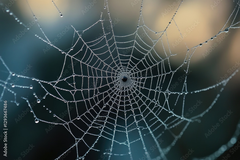 Poster close-up shot of a spider web with tiny water droplets glistening on its surface