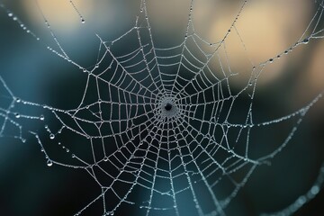 Close-up shot of a spider web with tiny water droplets glistening on its surface