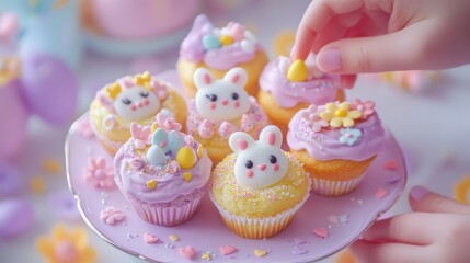 Kawaii-style Spring Muffins with Easter Charm: Adorable Spring Muffins in full kawaii style, decorated with pastel-colored icing in soft pinks, yellows, and purples. bunny faces,  sugar eggs, 