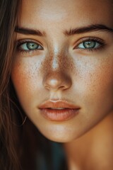 Fototapeta premium Close-up portrait of a woman with distinctive freckles on her face, suitable for use in editorial and commercial projects