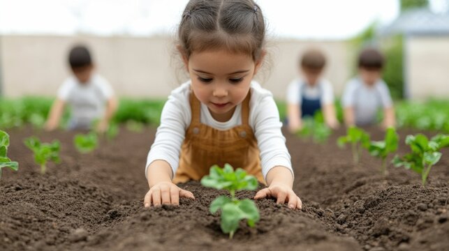 Group of preschool children and their teacher planting colorful flowers in a school garden emphasizing hands on learning and of the natural world - Powered by Adobe