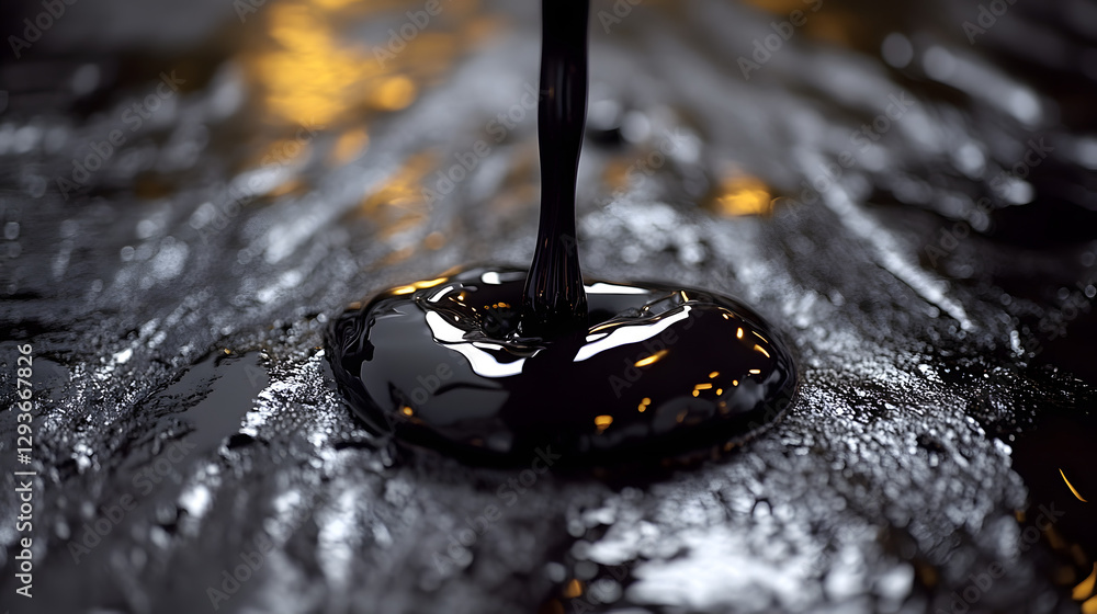 Poster viscous poured substance: a close-up shot captures a dark, glossy liquid cascading onto a textured s