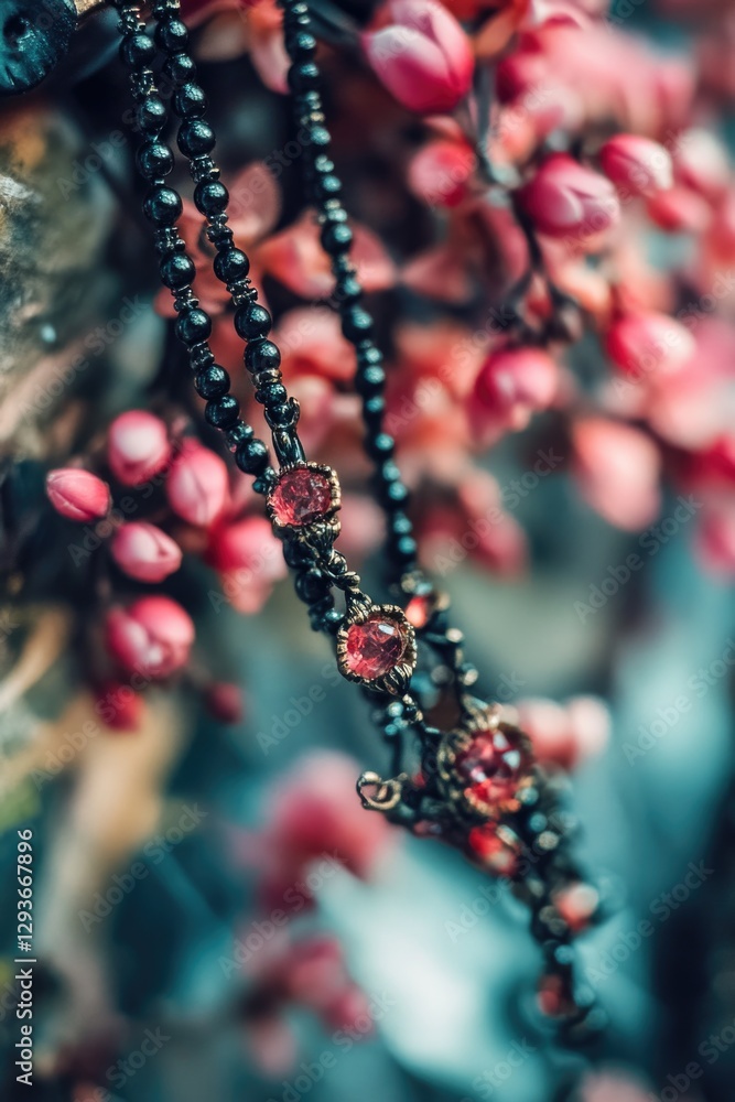 Poster close-up of various beads and decorations stuck to a tree branch