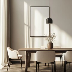 A white framed picture hangs on a wall above a wooden dining table. A vase of flowers sits on the table. There are four chairs around the table, two of which are empty