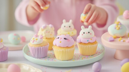 Kawaii-style Spring Muffins with Easter Charm: Adorable Spring Muffins in full kawaii style, decorated with pastel-colored icing in soft pinks, yellows, and purples. bunny faces,  sugar eggs, 