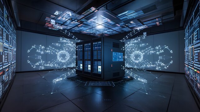 A supercomputer surrounded by glowing data projections.