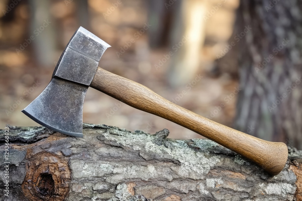 Poster an axe stuck in a tree trunk in a forest environment