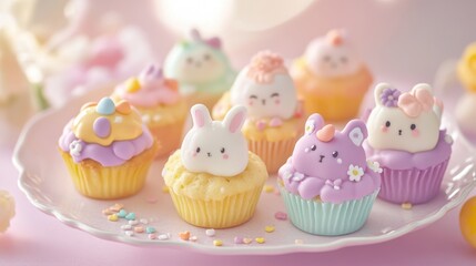 Kawaii-style Spring Muffins with Easter Charm: Adorable Spring Muffins in full kawaii style, decorated with pastel-colored icing in soft pinks, yellows, and purples. bunny faces,  sugar eggs, 