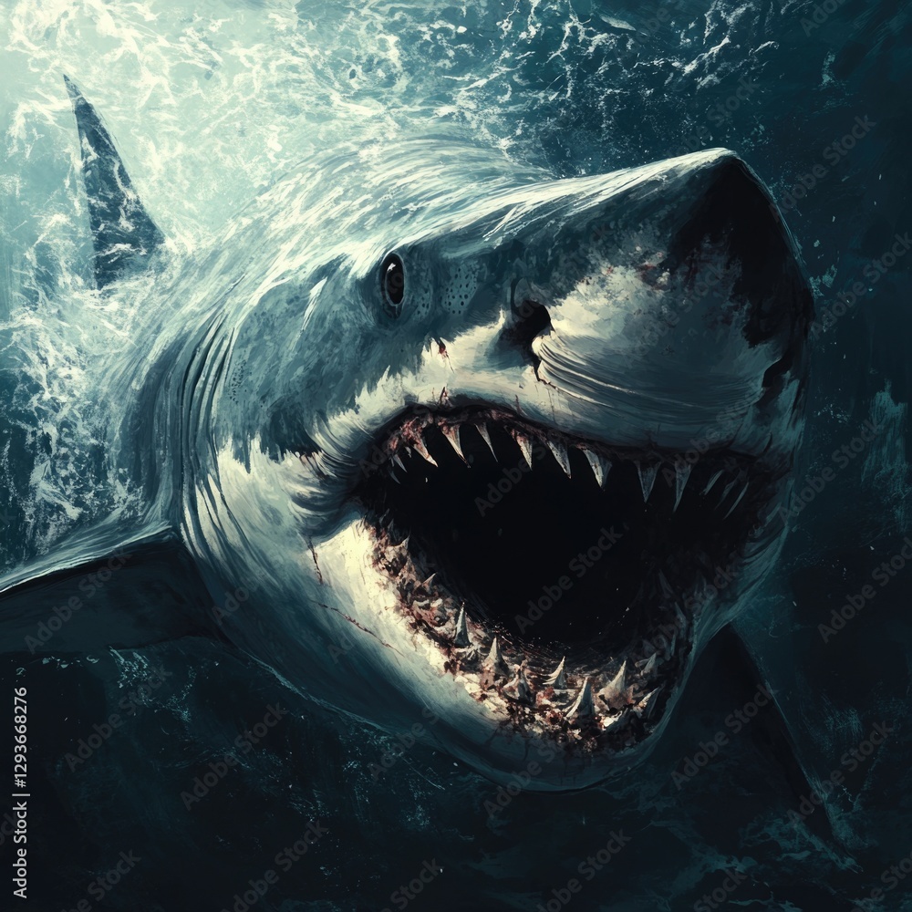 Poster a detailed view of a shark's facial expression, suitable for use in educational or scientific contex