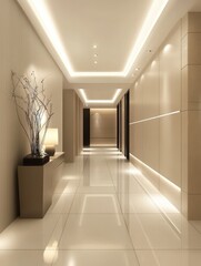 A well lit corridor showcasing a contemporary interior design of an apartment