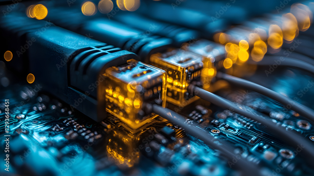 Poster network cables and electronic circuit: close-up shot of network cables plugged into an electronic ci