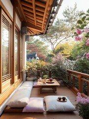 Peaceful traditional wooden porch with serene garden view