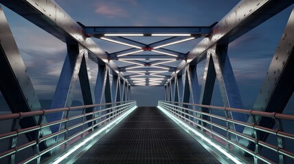 A metallic, futuristic bridge with bright neon lights.