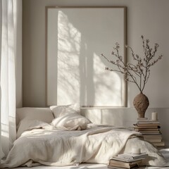 A white bed with a white blanket and pillows. A vase with flowers on a table. A bookcase with many books