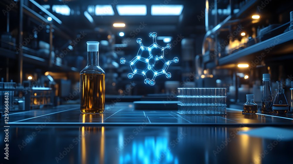 Aufkleber laboratory science:a bottle of liquid is highlighted in a laboratory. laboratory environment filled 