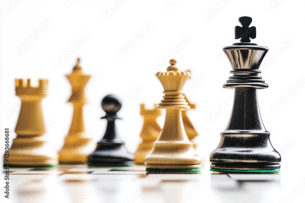 Poster a collection of chess pieces situated on the playing surface, ideal for depicting strategy or compet