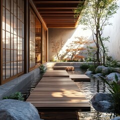 Japanese style wooden walk way over a pond of water