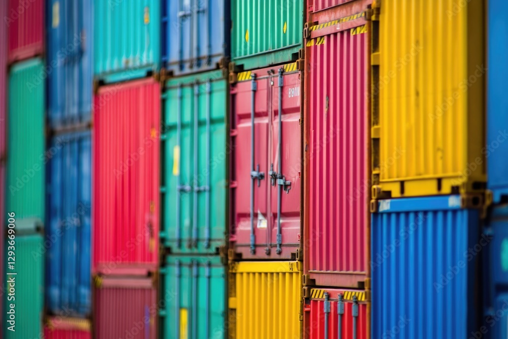 Poster close-up shot of a colorful wall made from stacked shipping containers, with bright colors and textu
