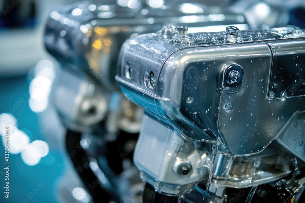 Aufkleber a close-up view of a motorcycle engine with water splashed on it, ideal for use in scenes related to