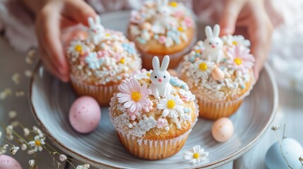  Spring Muffins beautifully decorated with pastel-colored icing, tiny edible flowers, and delicate sugar bunnies. Easter aggs