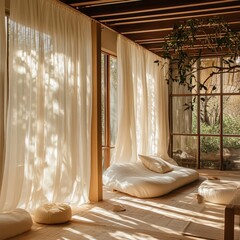A bright and cozy interior room with curtains and light