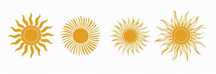 Set of four abstract sun icons with varying ray styles and a golden yellow color palette.  Perfect for summer designs, logos, and branding projects.