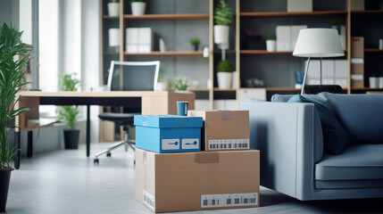 D&eacute;m&eacute;nagement dans des bureaux, locaux professionnels. Cartons, bo&icirc;te de rangement. Business, travail, int&eacute;rieur. Pour conception et cr&eacute;ation graphique.