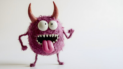 A monster with a big tongue and horns is standing on a white background