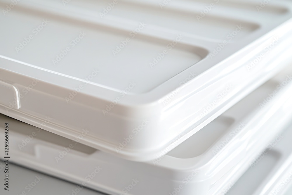 Poster a stack of white plastic containers sitting on top of each other, often used for storage and organiz