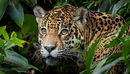 Obraz premium Jaguar Stealthily Hidden in Vibrant Tropical Rainforest Majestic Felid Camouflaged Amongst Lush Green Foliage and Rich Textures, Radiating a Powerful Energy in the Heart of the Jungle.