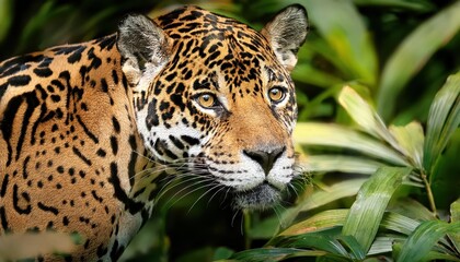 Obraz premium Jaguar Lurking in Lush Tropical Foliage, Majestically Blending with Earthy Greens and Amber Hues under Dappled Sunlight, an Enigmatic Portrayal of Wildlife in a Primeval Rainforest