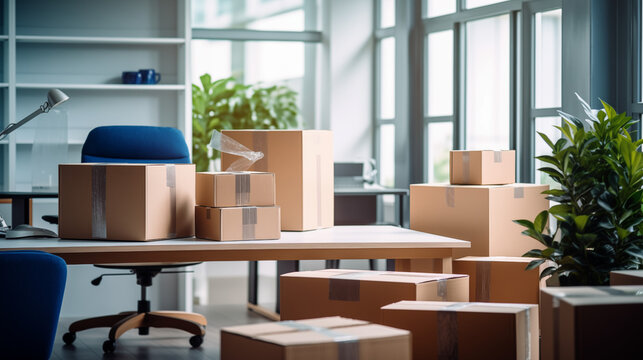 D&eacute;m&eacute;nagement dans des bureaux, locaux professionnels. Cartons, bo&icirc;te de rangement. Business, travail, int&eacute;rieur. Pour conception et cr&eacute;ation graphique.