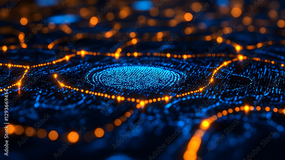 Poster digital circuitry: a mesmerizing macro shot of a digital circuit board with glowing orange pathways 