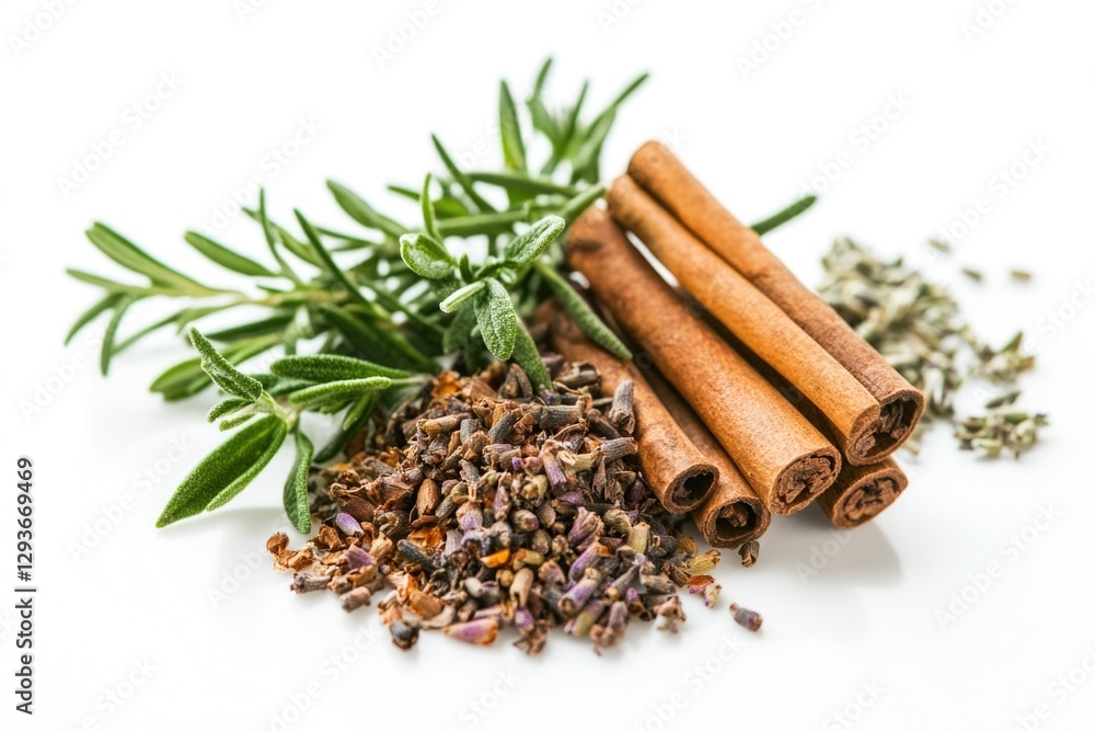 Poster a collection of cinnamon sticks and various herbs arranged on a white surface