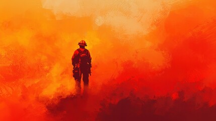 Fototapeta premium A firefighter stands in front of a red and orange background