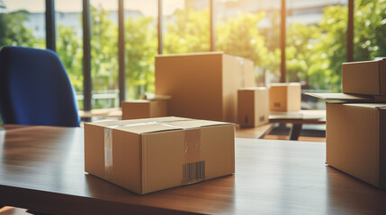 Déménagement dans des bureaux, locaux professionnels. Cartons, boîte de rangement. Business, travail, intérieur. Pour conception et création graphique.