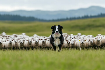 A black and white herding dog stands tall in a lush green field, surrounded by a large flock of sheep, with misty hills in the background.