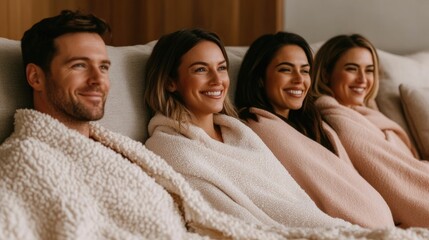 Obraz premium A group of cheerful friends relaxing together in a cozy minimalist home theater setting wrapped in warm blankets and sharing laughter and moments of connection