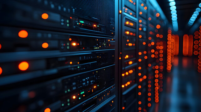 Data Center Infrastructure: A state-of-the-art server room or data center filled with rows of powerful computer servers, the technology gleaming with digital energy.