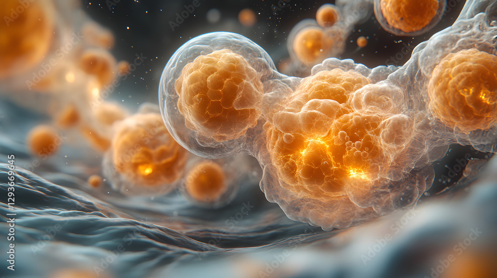 Poster microscopic marvel: a highly detailed, close-up visualization of cells, illuminated with vibrant hue