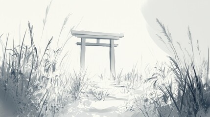 A wooden gate stands in a field of tall grass