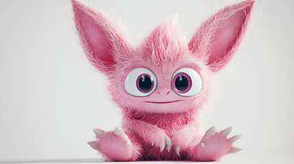 A pink stuffed animal with big eyes and a fluffy tail