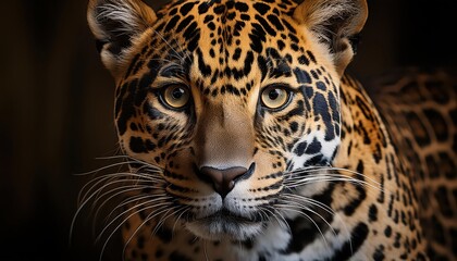 Naklejka premium Jaguar Portrait at Dusk Majestic Felid Basking in the Glowing Savannah with Striking Orange Hues and Vibrant Textures, Exuding Power and Elegance.