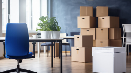 Déménagement dans des bureaux, locaux professionnels. Cartons, boîte de rangement. Business, travail, intérieur. Pour conception et création graphique.