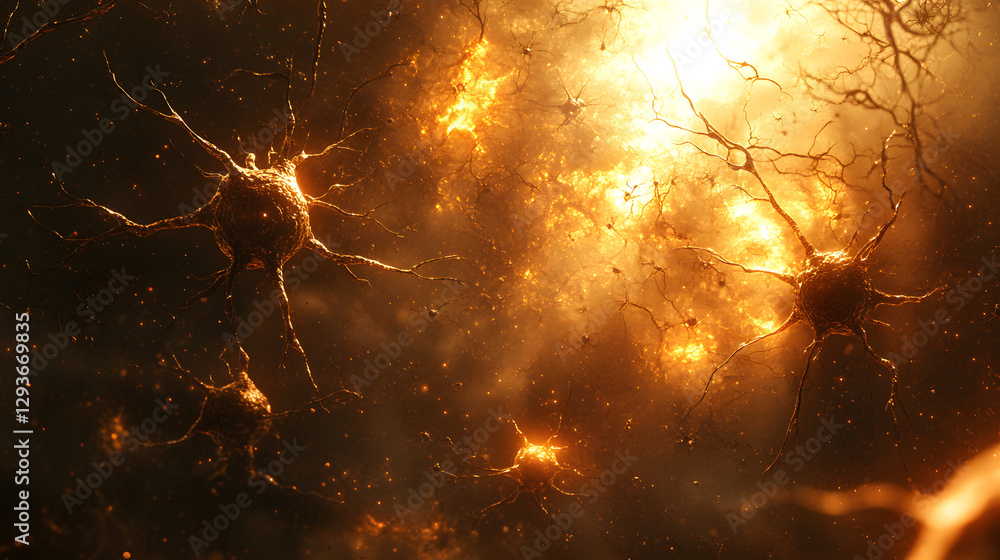 Poster neural network's firestorm: an intricate network of neurons illuminated by fiery energy, sparking wi