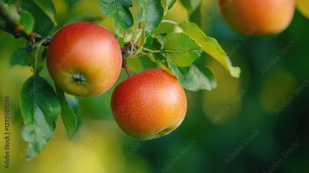Poster two red apples hanging from a tree branch, perfect for fall or autumn themes