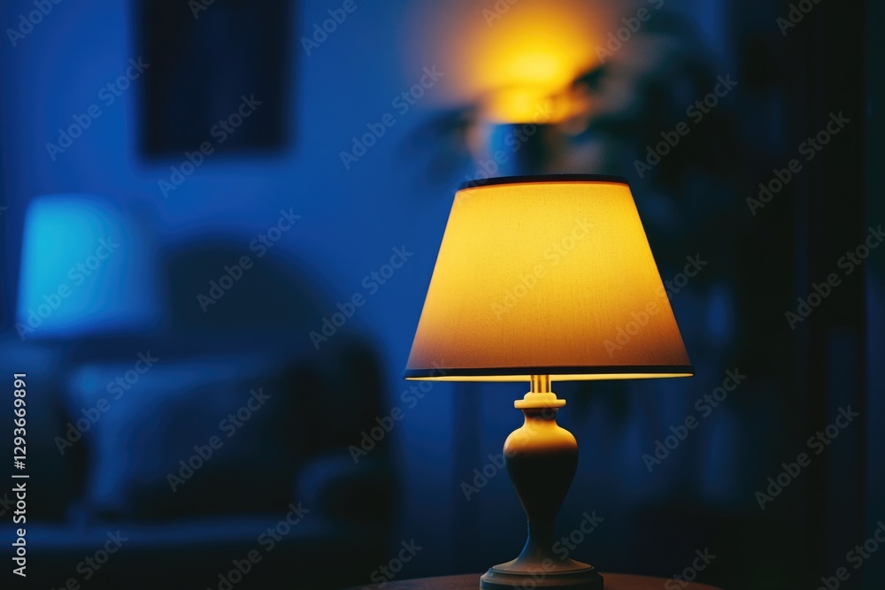 Poster a simple table setting with a table lamp on a wooden surface