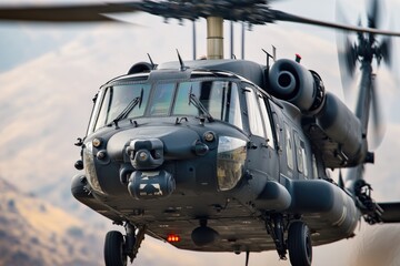 A military helicopter soars through the sky, surrounded by majestic mountains