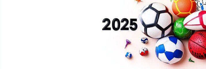 Sports 2025: A Year of Competition - A vibrant collection of sports balls symbolizing competition, teamwork, achievements, global events, and the excitement of 2025
